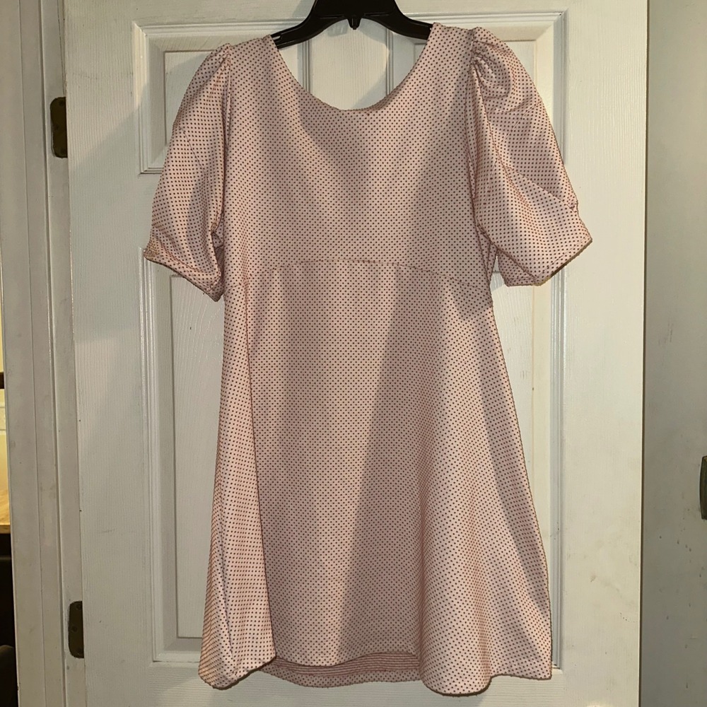 Free‎ People Penelope Mini Dress Pink Polka Dot Puff Sleeve keyhole back size L - Picture 2 of 9